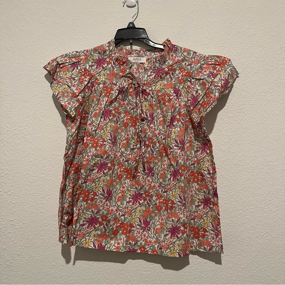 Avara Floral Tie-Neck Cap Sleeve Blouse in Multi-Color